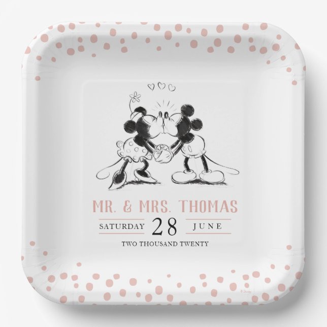 Mickey & Minnie | Pink Confetti Wedding Paper Plates (Front)