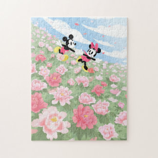 Mickey & Minnie Running Through Flower Field Jigsaw Puzzle