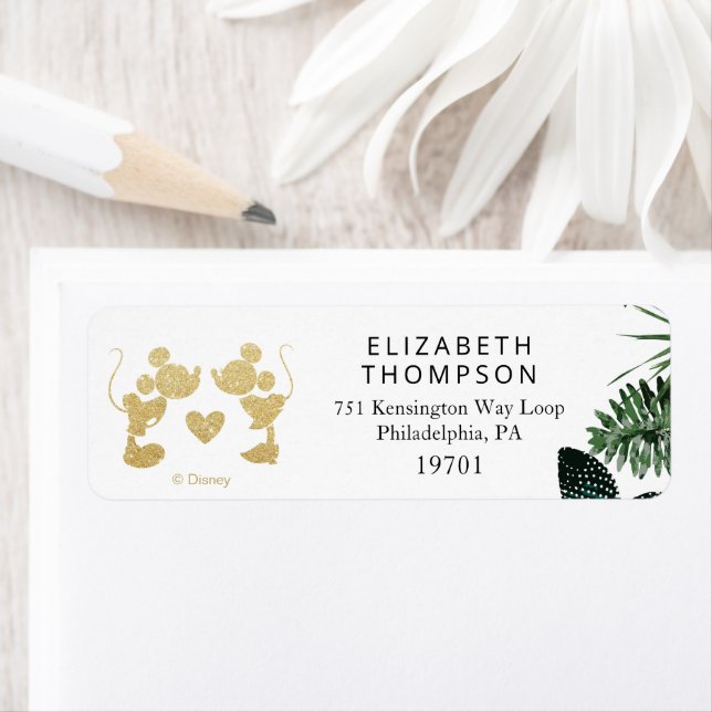 Mickey & Minnie | Tropical Faux Gold Bridal Shower Label (Insitu)