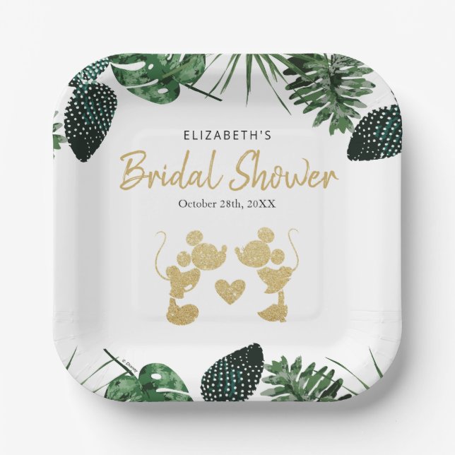 Mickey & Minnie | Tropical Faux Gold Bridal Shower Paper Plates (Front)