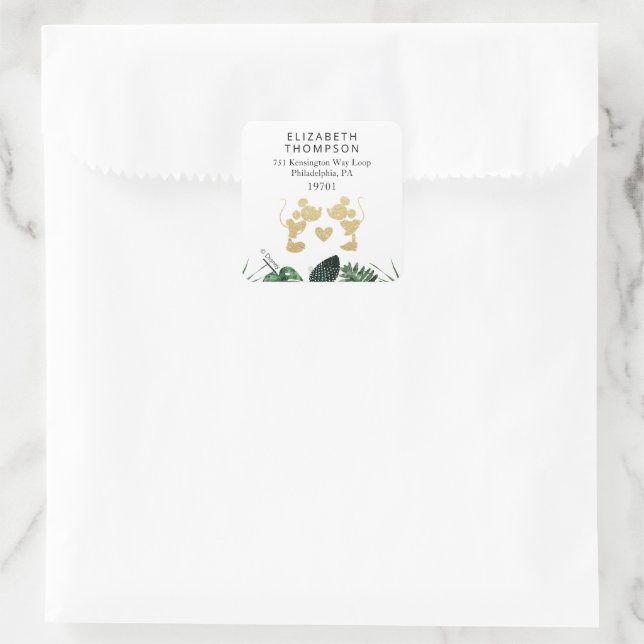 Mickey & Minnie | Tropical Faux Gold Bridal Shower Square Sticker (Bag)