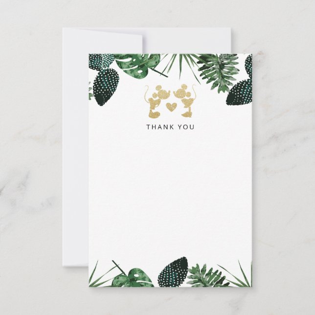 Mickey & Minnie | Tropical Faux Gold Bridal Shower Thank You Card (Front)