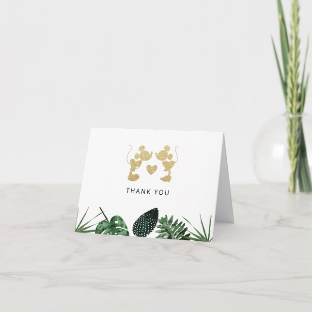Mickey & Minnie | Tropical Faux Gold Bridal Shower Thank You Card (Front)