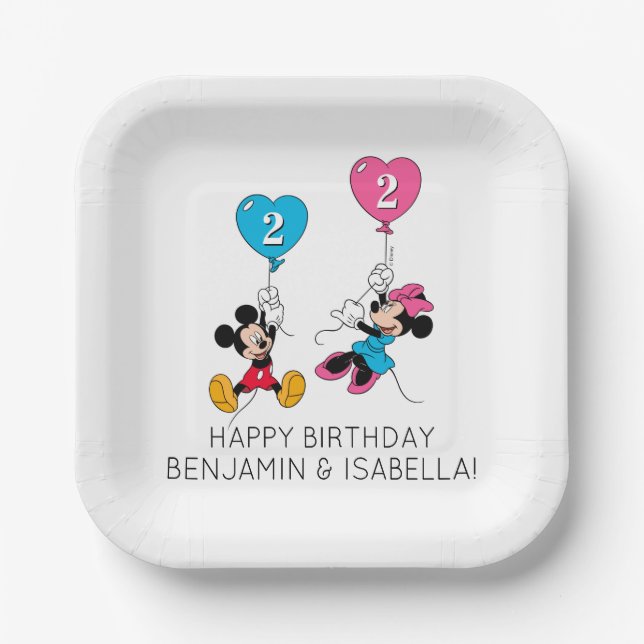 Mickey & Minnie | Twins Birthday Balloons Paper Plates (Front)