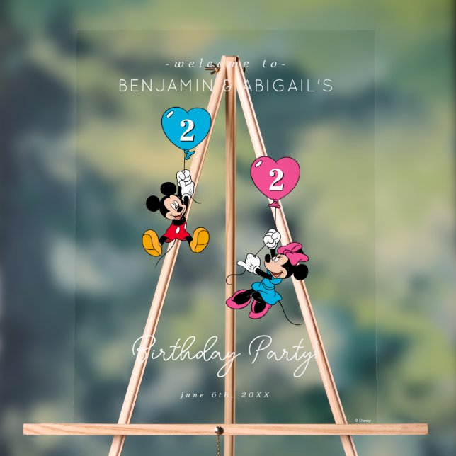 Mickey & Minnie Twins Birthday Party Welcome Acrylic Sign (Neutral)