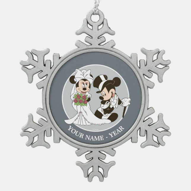 Mickey & Minnie Wedding | Getting Married Snowflake Pewter Christmas Ornament (Front)