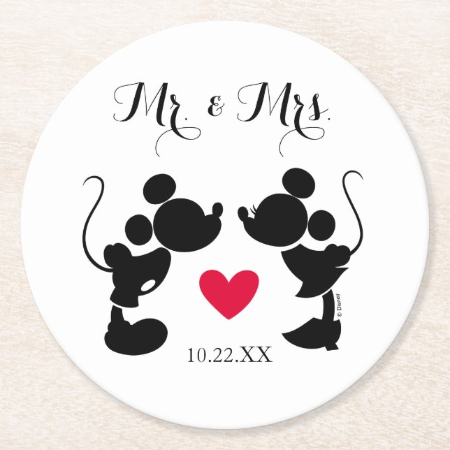Mickey & Minnie Wedding | Silhouette Round Paper Coaster (Front)