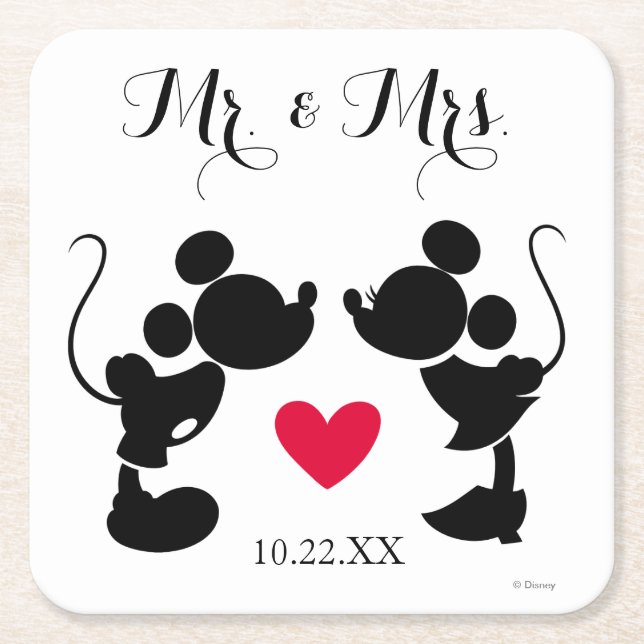 Mickey & Minnie Wedding | Silhouette Square Paper Coaster (Front)