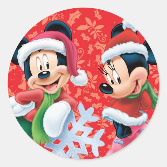 Mickey & Minnie With Snowflake Classic Round Sticker (Front)