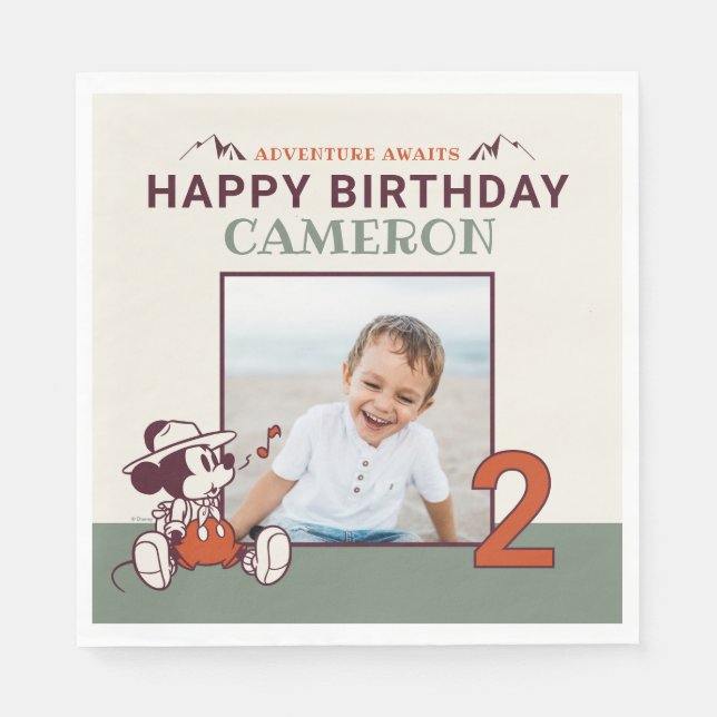 Mickey Mouse Adventure Awaits Camp Photo Birthday Napkins (Front)