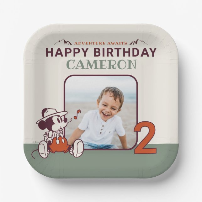 Mickey Mouse Adventure Awaits Camp Photo Birthday Paper Plates (Front)