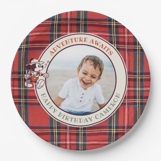 Mickey Mouse Adventure Awaits Camp Photo Birthday Paper Plates (Front)