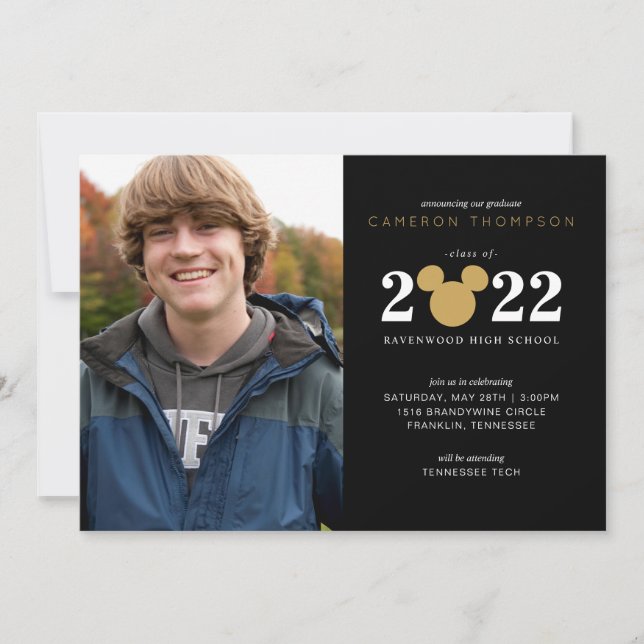 Mickey Mouse Black & Gold Graduation Announcment Announcement (Front)