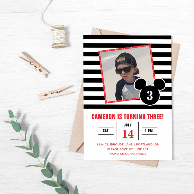 Mickey Mouse | Black & White Stripe Photo Birthday Invitation