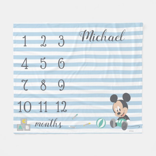 Mickey Mouse | Blue Striped Baby Monthly Milestone Fleece Blanket (Front (Horizontal))