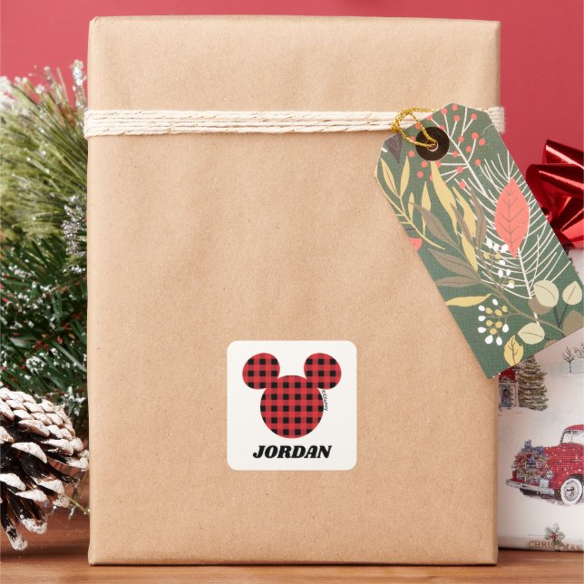 Mickey Mouse | Buffalo Plaid | Add Your Name Square Sticker (Holiday)