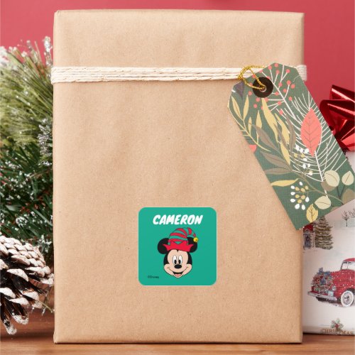 Mickey Mouse  Christmas Elf Hat  Add Your Name Square Sticker