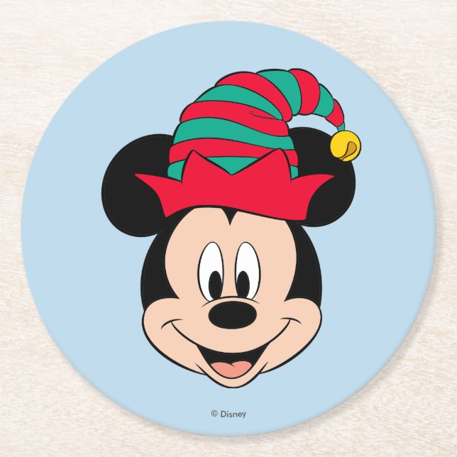 Mickey Mouse | Christmas Elf Hat Round Paper Coaster (Front)