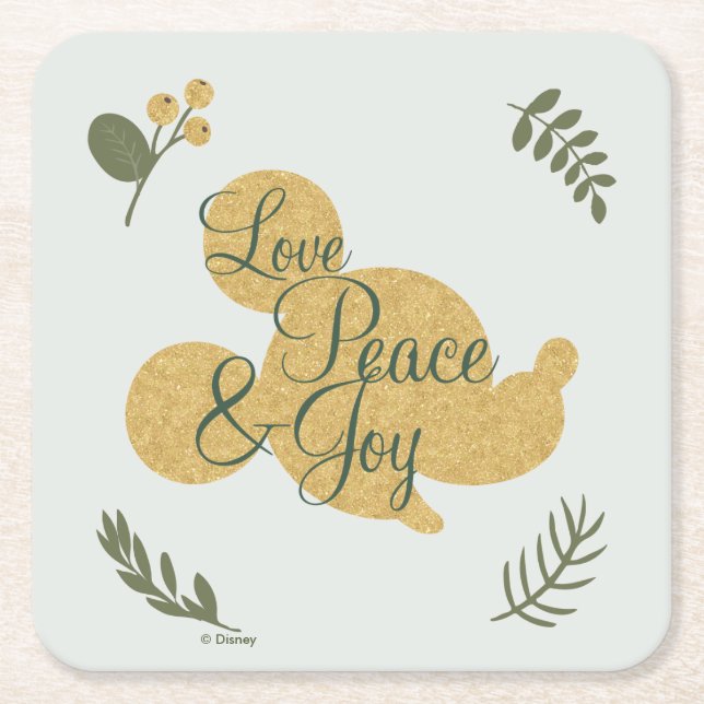 Mickey Mouse | Christmas Love, Peace & Joy Square Paper Coaster (Front)