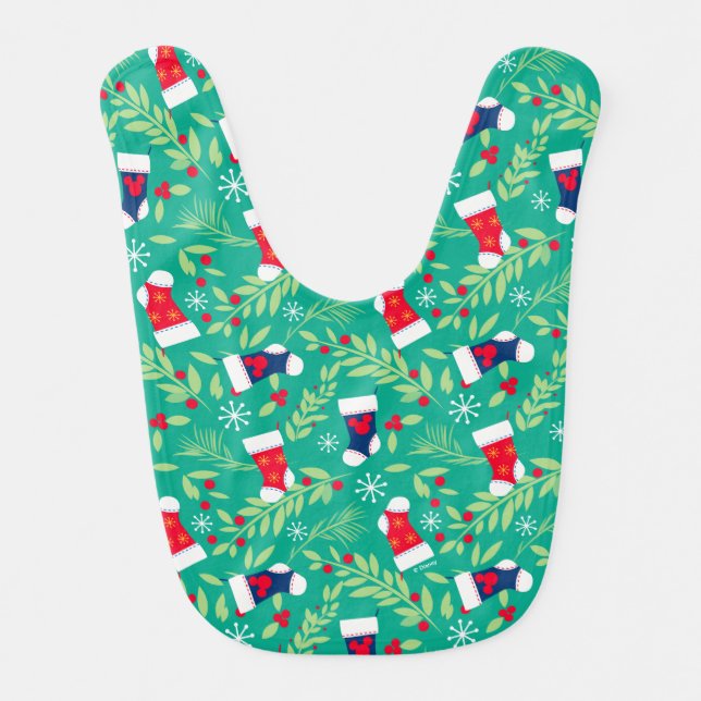 Mickey Mouse | Christmas Stockings & Holly Pattern Baby Bib (Front)
