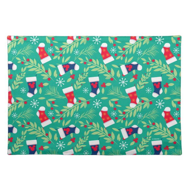 Mickey Mouse | Christmas Stockings & Holly Pattern Cloth Placemat (Front)