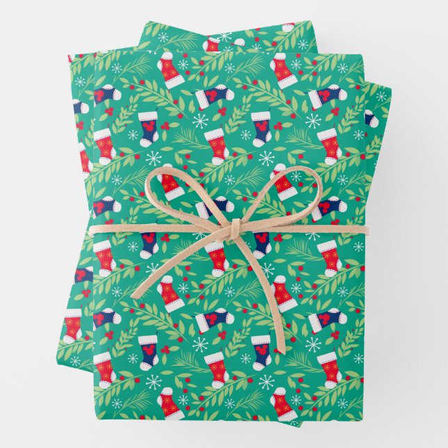 Mickey Mouse | Christmas Stockings & Holly Pattern Wrapping Paper Sheets (In situ)