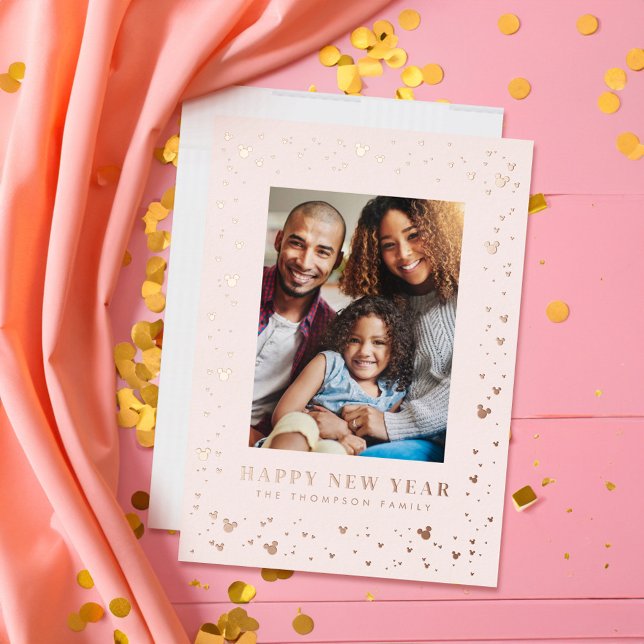 Mickey Mouse Confetti Happy New Year Photo  Foil Holiday Card (Card on table)