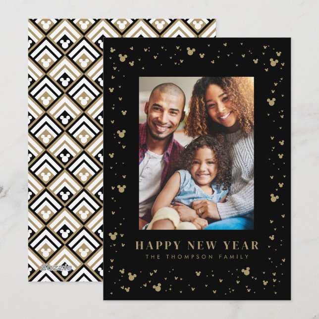 Mickey Mouse Confetti Happy New Year Photo  Holiday Card (Front/Back)