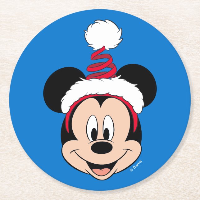 Mickey Mouse | Cute Christmas Hat Round Paper Coaster (Front)