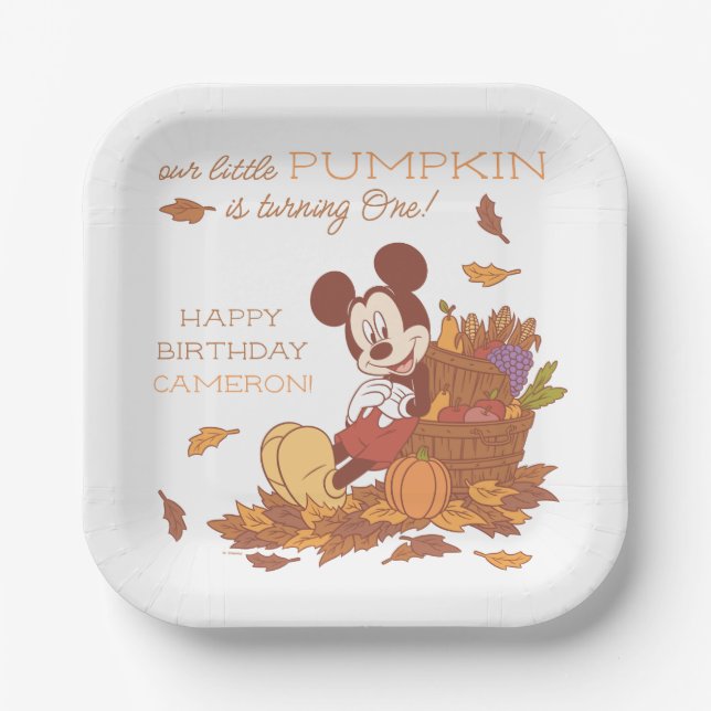 Mickey Mouse Fall Harvest Pumpkin 1st Birthday Paper Plates (Front)