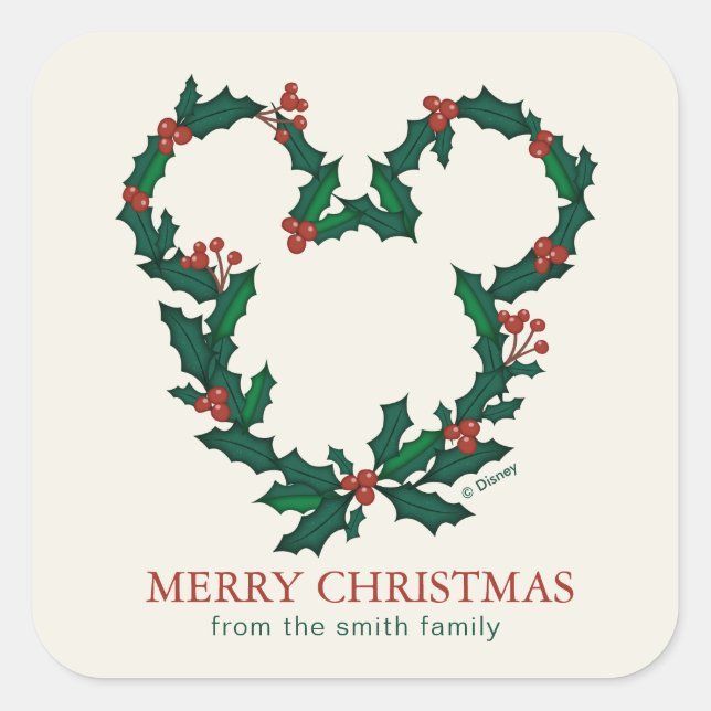Mickey Mouse Holiday Wreath - Personalized Square Sticker (Front)