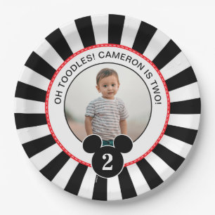 Mickey Mouse   Icon B&W Stripe Photo Birthday Paper Plates