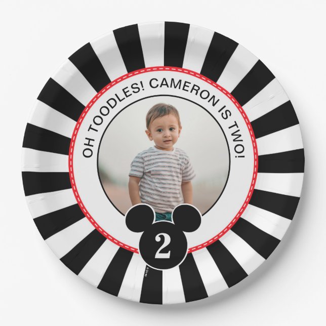 Mickey Mouse | Icon B&W Stripe Photo Birthday Paper Plates (Front)