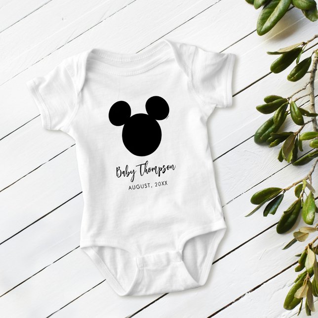 Mickey Mouse Icon | Baby Announcement with Date Bodysuit (Baby bodysuit on table)