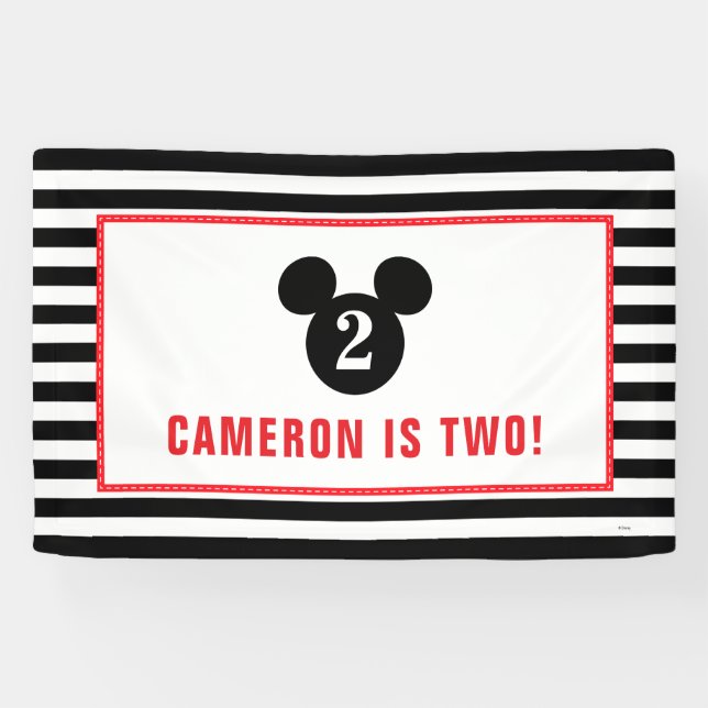 Mickey Mouse | Icon Black & White Striped Birthday Banner (Horizontal)