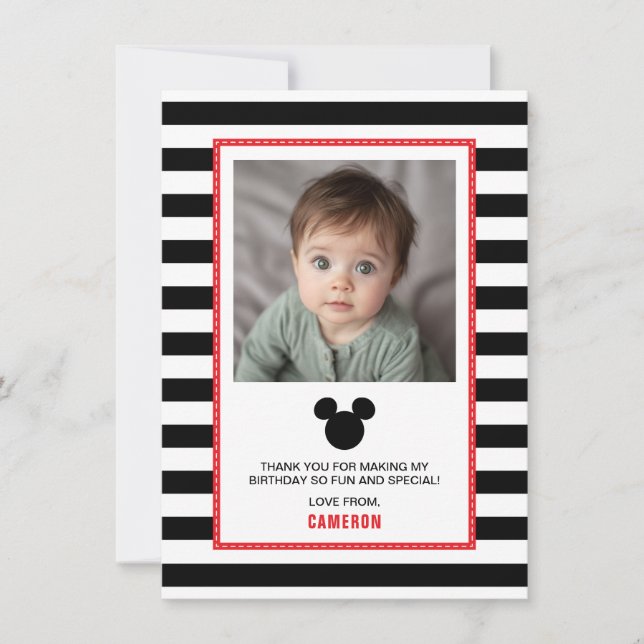Mickey Mouse | Icon Black & White Striped Birthday Thank You Card (Front)