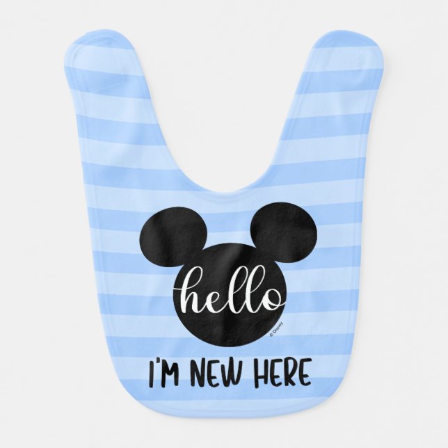 Mickey Mouse Icon - Blue | Hello I'm New Here Baby Bib (Front)