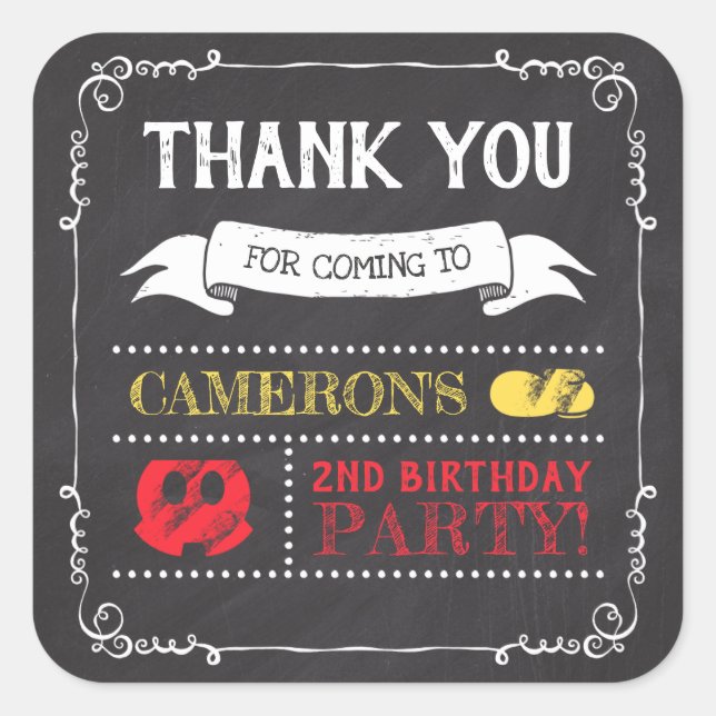 Mickey Mouse Icon Chalkboard | Thank You Square Sticker (Front)