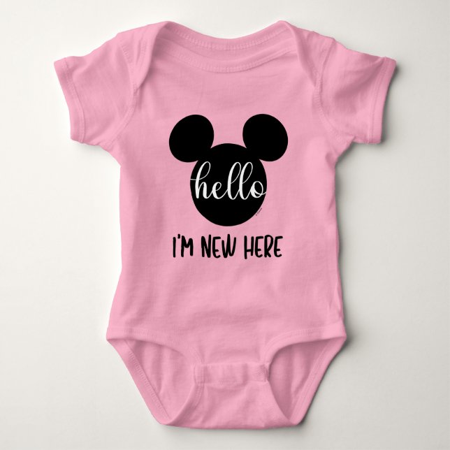 Mickey Mouse Icon | Hello I'm New Here Baby Bodysuit (Front)