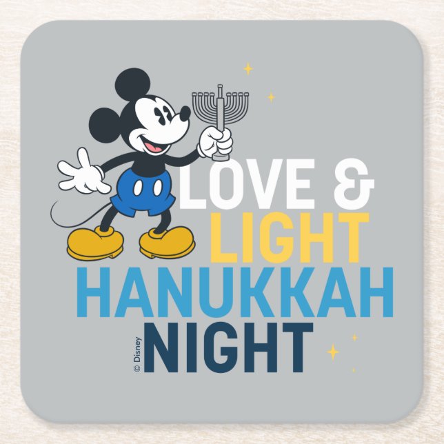 Mickey Mouse | Love & Light Hanukkah Night Square Paper Coaster (Front)