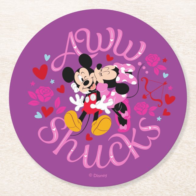 Mickey Mouse & Minnie Mouse | Aww Schucks Round Paper Coaster (Front)