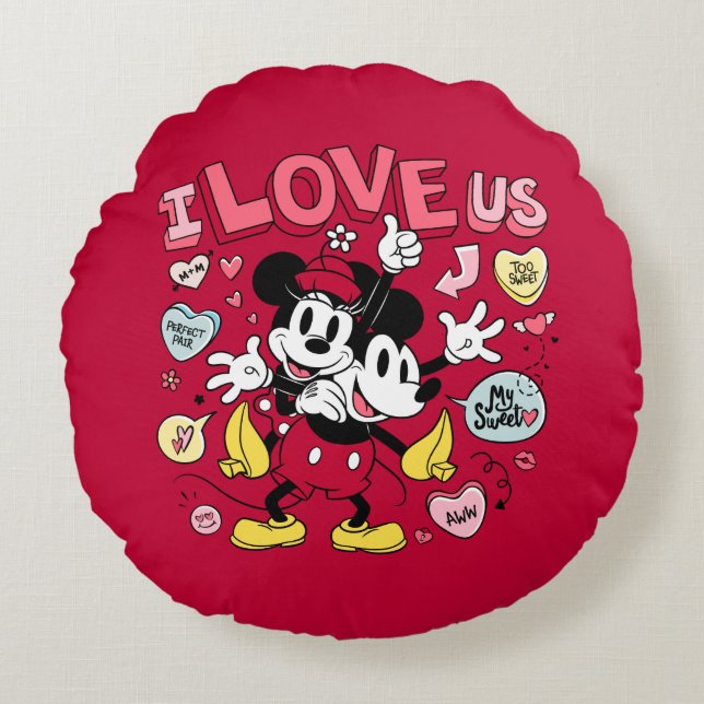 Mickey Mouse & Minnie Mouse | I Love Us Round Pillow (Front)