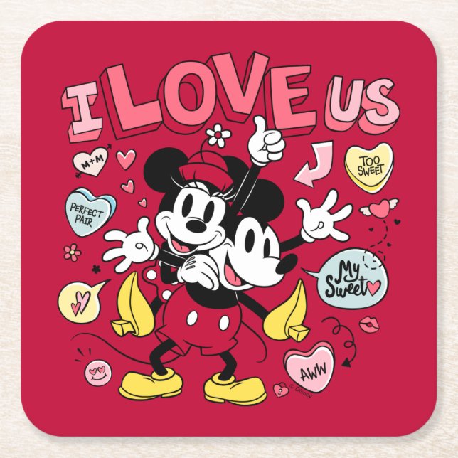 Mickey Mouse & Minnie Mouse | I Love Us Square Paper Coaster (Front)