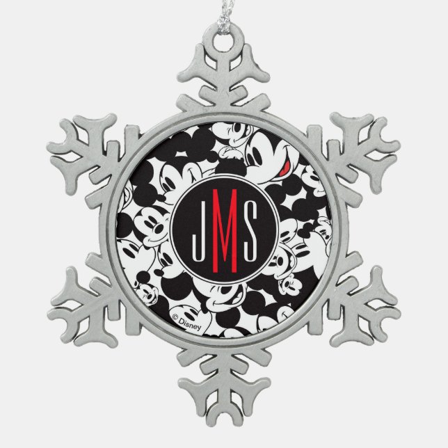 Mickey Mouse | Monogram Crowd Pattern Snowflake Pewter Christmas Ornament (Front)