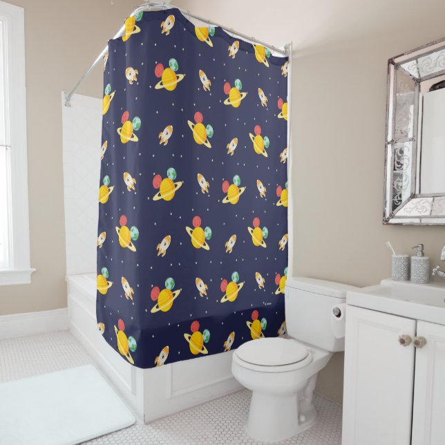 Mickey Mouse Planet Icon Pattern Shower Curtain (In Situ)