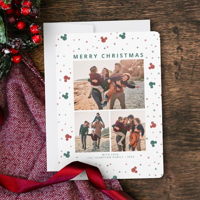 Mickey Mouse Polka Dot Christmas Photo Collage Invitation (Card on table)