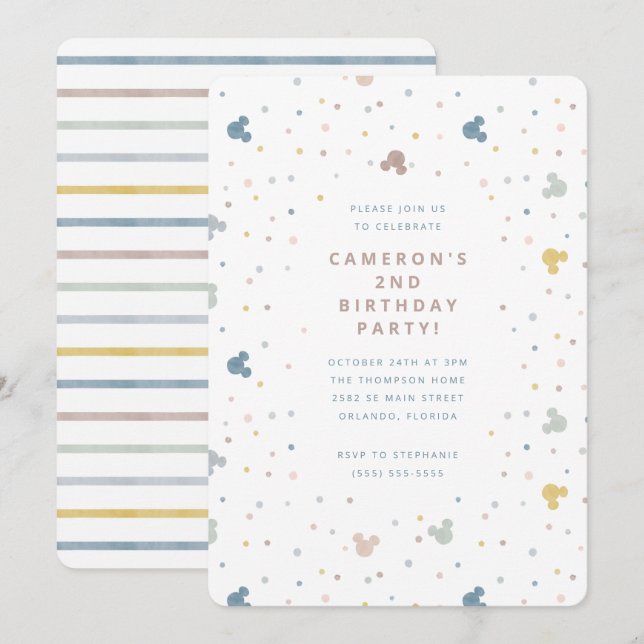 Mickey Mouse Polka Dot Watercolor Birthday Invitation (Front/Back)