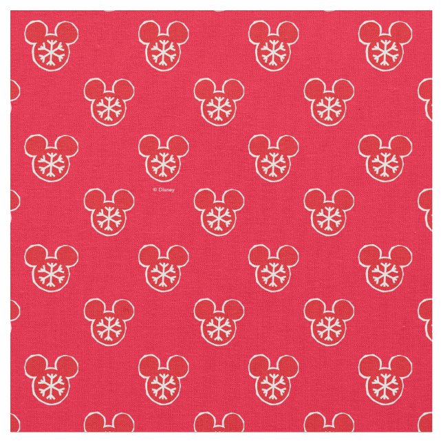 Mickey Mouse Red Holiday Snowflake Pattern Fabric (Close Up)