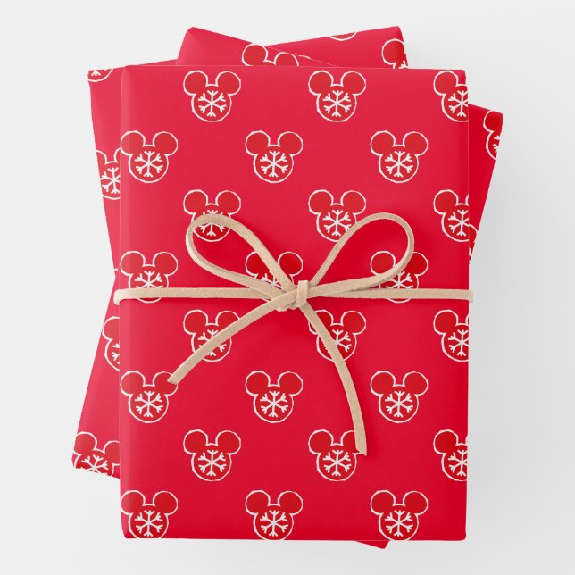 Mickey Mouse Red Holiday Snowflake Pattern Wrapping Paper Sheets (In situ)