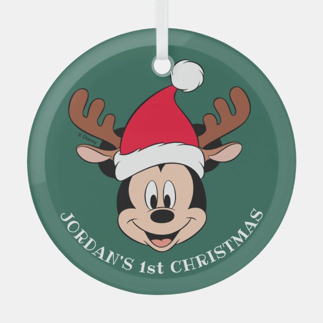 Mickey Mouse Reindeer Ears | Baby's 1st Christmas Glass Ornament (Front)